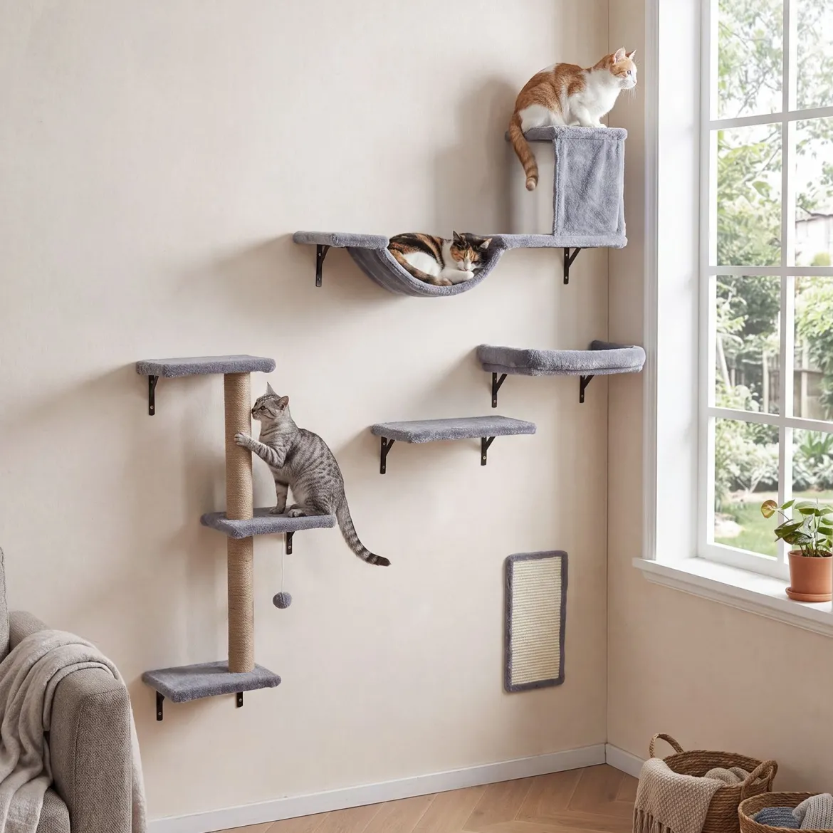 5 in 1 Kletterwand Katzen Set Stabiles Holz Katzen Wandelemente Katzenmöbel mit Hängekugel Grau
