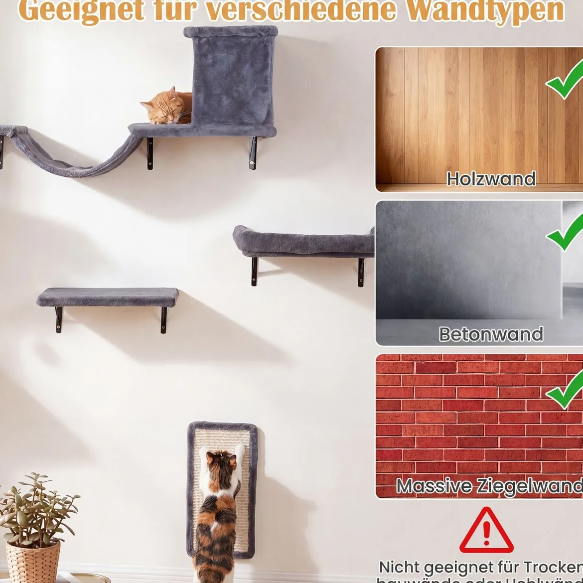 5 in 1 Kletterwand Katzen Set Stabiles Holz Katzen Wandelemente Katzenmöbel mit Hängekugel Grau