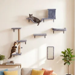 5 in 1 Kletterwand Katzen Set Stabiles Holz Katzen Wandelemente Katzenmöbel mit Hängekugel Grau