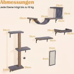 5 in 1 Kletterwand Katzen Set Stabiles Holz Katzen Wandelemente Katzenmöbel mit Hängekugel Grau