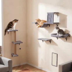 5 in 1 Kletterwand Katzen Set Stabiles Holz Katzen Wandelemente Katzenmöbel mit Hängekugel Grau