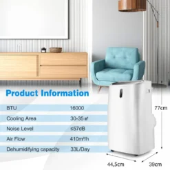 5 in 1 Klimagerät 14000 BTU Heiz&Kühl&Ventilator&Entfeucht Tragbare Klimaanlage für 40 ㎡ 44,5 x 39 x 77 cm Weiß