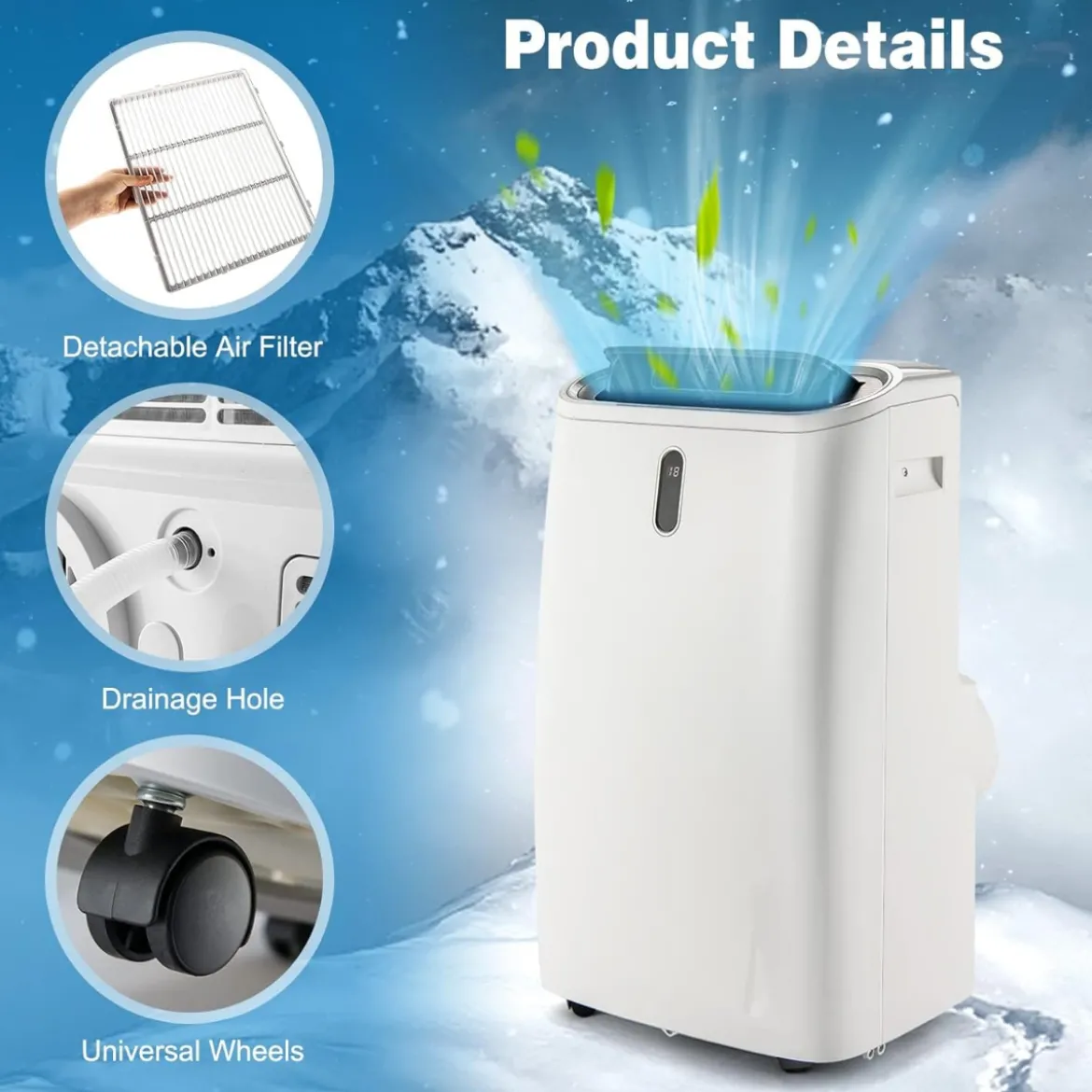 5 in 1 Klimagerät 14000 BTU Heiz&Kühl&Ventilator&Entfeucht Tragbare Klimaanlage für 40 ㎡ 44,5 x 39 x 77 cm Weiß
