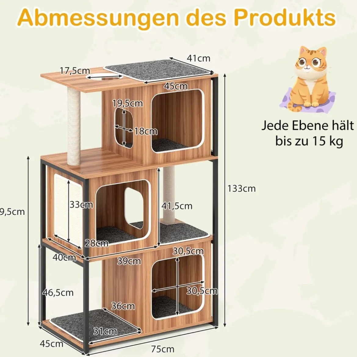 2 in 1 Kratzbaum Katzenhaus 3 Etagen Katzenbaum mit Abnehmbaren Kissens & Katzenhöhle