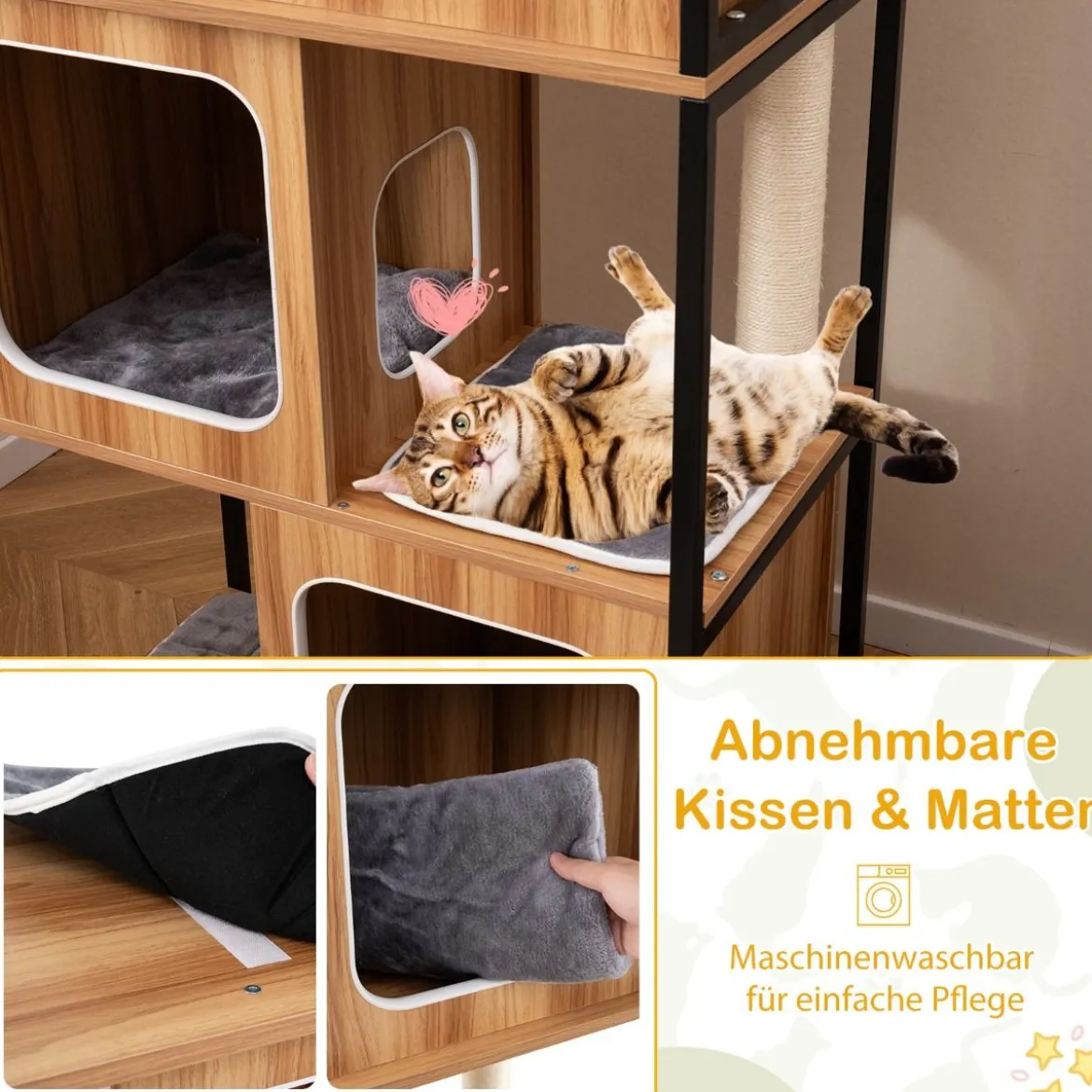 2 in 1 Kratzbaum Katzenhaus 3 Etagen Katzenbaum mit Abnehmbaren Kissens & Katzenhöhle