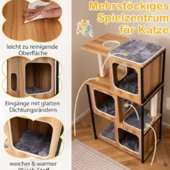 2 in 1 Kratzbaum Katzenhaus 3 Etagen Katzenbaum mit Abnehmbaren Kissens & Katzenhöhle