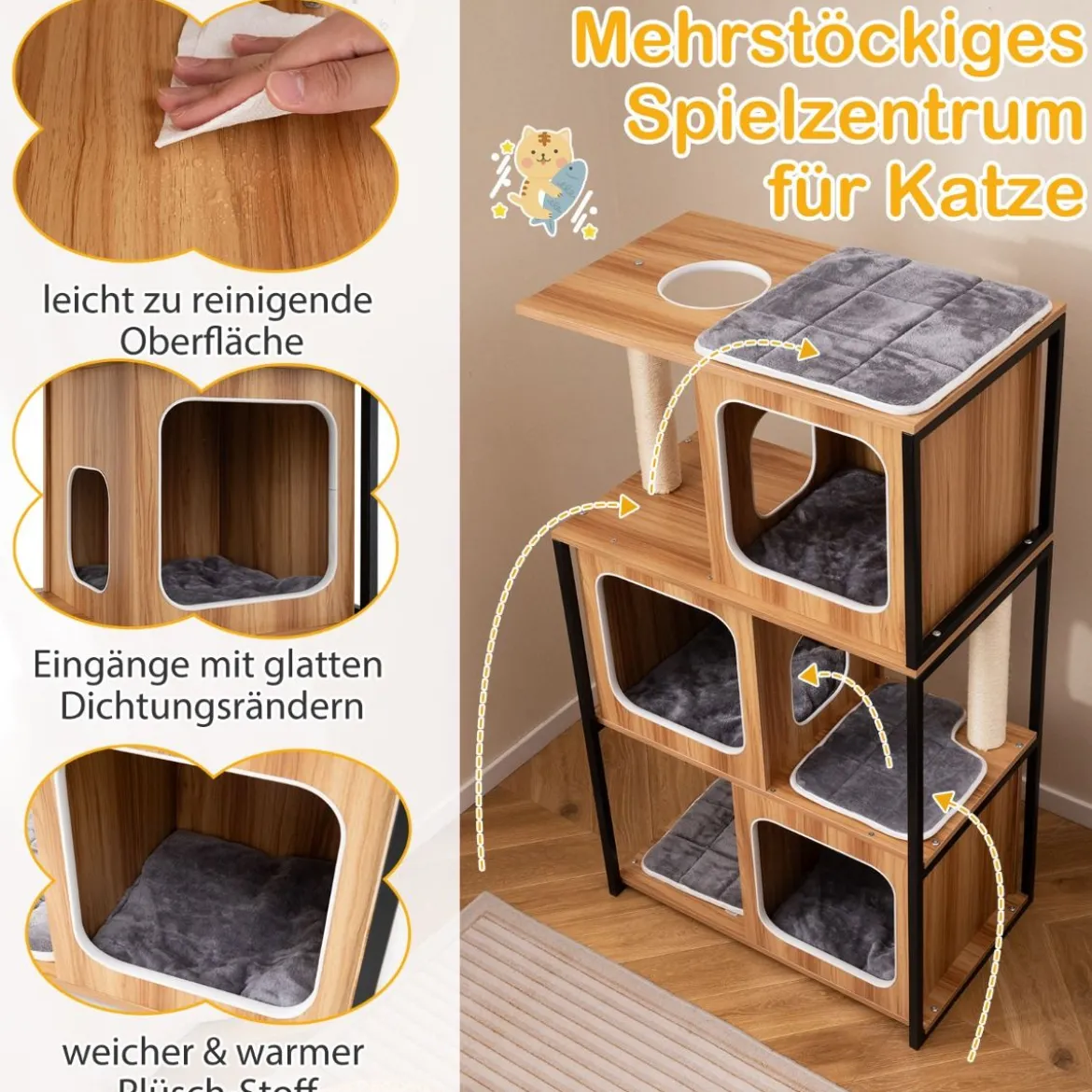 2 in 1 Kratzbaum Katzenhaus 3 Etagen Katzenbaum mit Abnehmbaren Kissens & Katzenhöhle