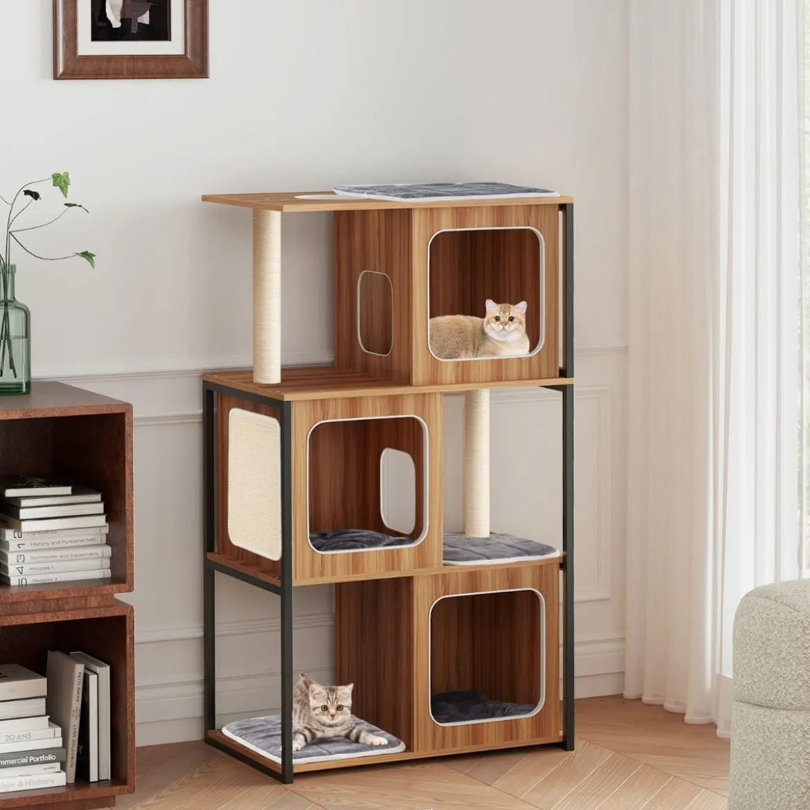 2 in 1 Kratzbaum Katzenhaus 3 Etagen Katzenbaum mit Abnehmbaren Kissens & Katzenhöhle
