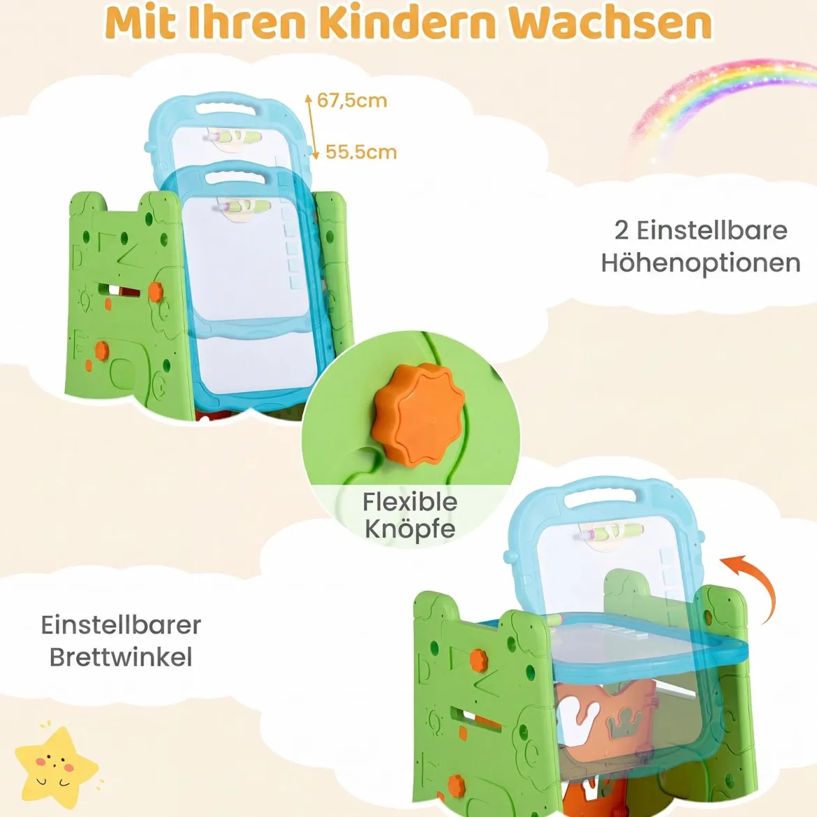 3 in 1 Kunststaffelei für Kinder mit Bücherregal Doppelseitige Kindertafel mit Kreidetafel