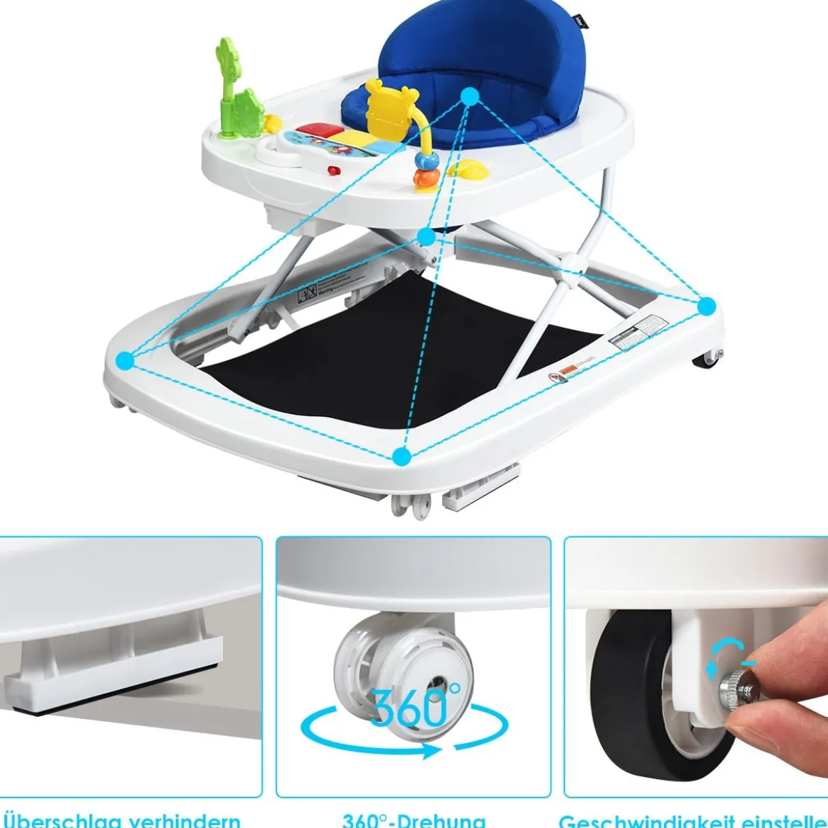 2-in-1 Lauflernhilfe mit 3 Einstellbaren Höhen & 360° drehbaren Rädern Weiß + Blau