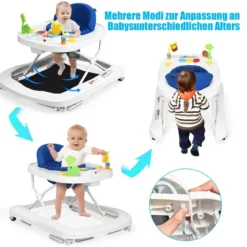 2-in-1 Lauflernhilfe mit 3 Einstellbaren Höhen & 360° drehbaren Rädern Weiß + Blau