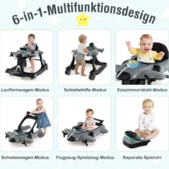 6 in 1 Lauflernhilfe mit Verstellbarer Höhe & Geschwindigkeit Klappbarer Lauflernwagen
