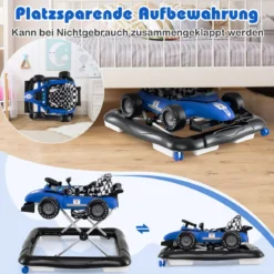 4-in-1-Lauflernwagen Gehassistent mit 3-stufig einstellbarer Höhe gepolstertem Sitz Lenkrad & Spieluhr Blau