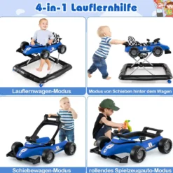 4-in-1-Lauflernwagen Gehassistent mit 3-stufig einstellbarer Höhe gepolstertem Sitz Lenkrad & Spieluhr Blau