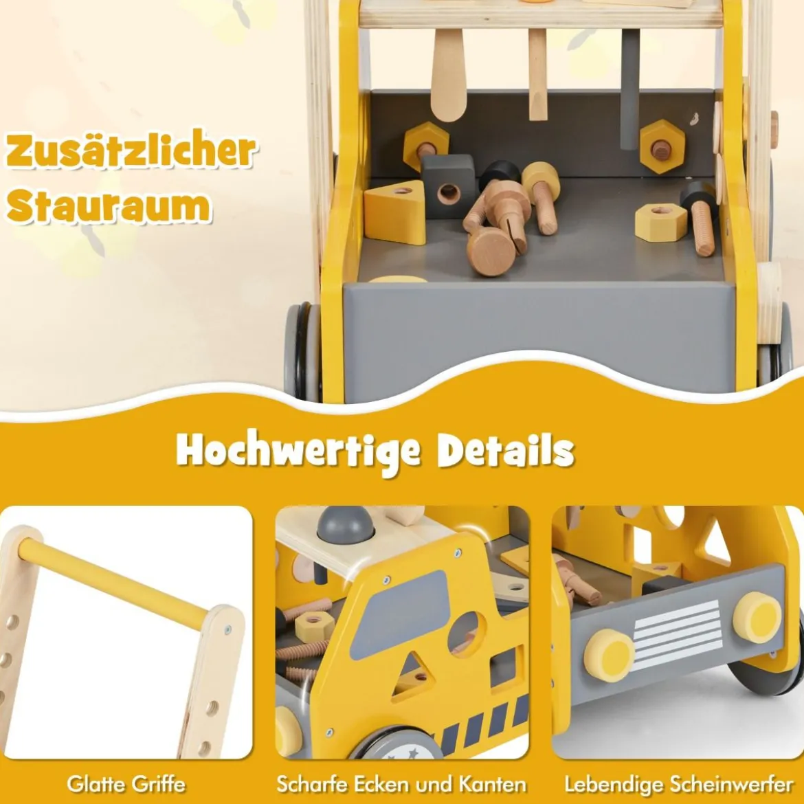 2-in-1 Lauflernwagen Holz Lauflernhilfe mit Multi-Aktivitätszentrum Baby Walker Laufwagen
