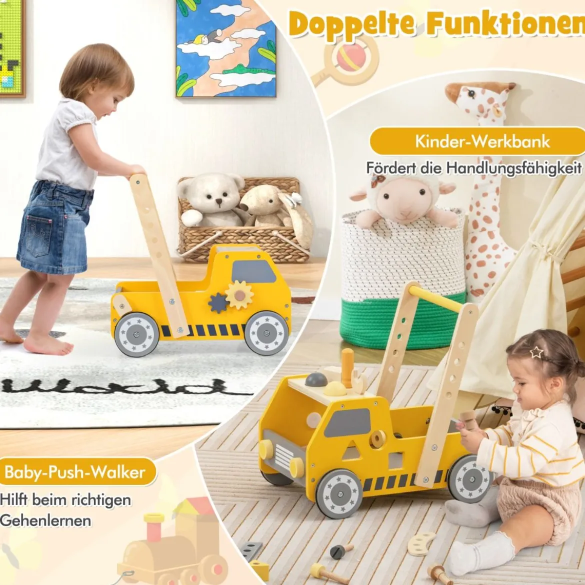 2-in-1 Lauflernwagen Holz Lauflernhilfe mit Multi-Aktivitätszentrum Baby Walker Laufwagen