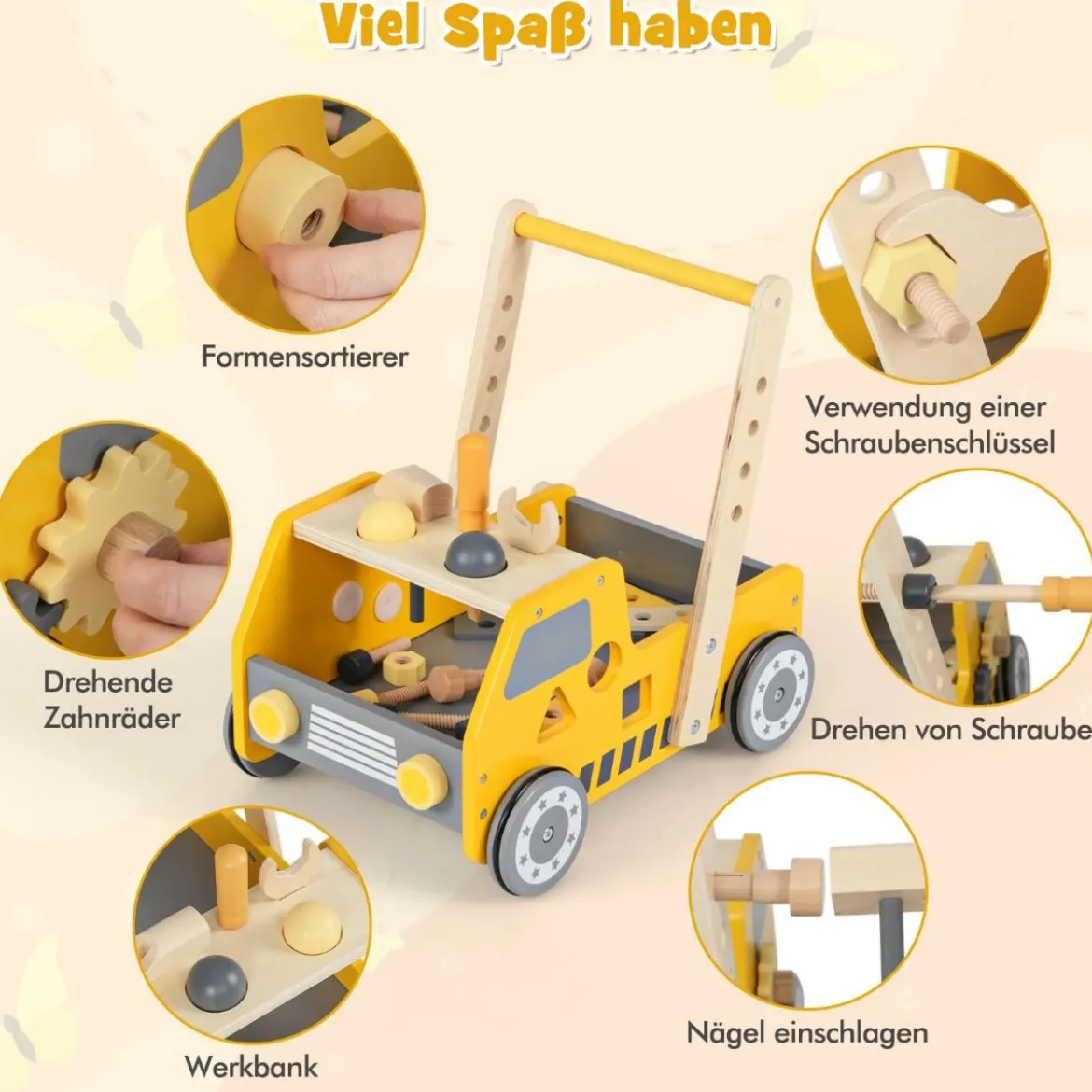 2-in-1 Lauflernwagen Holz Lauflernhilfe mit Multi-Aktivitätszentrum Baby Walker Laufwagen