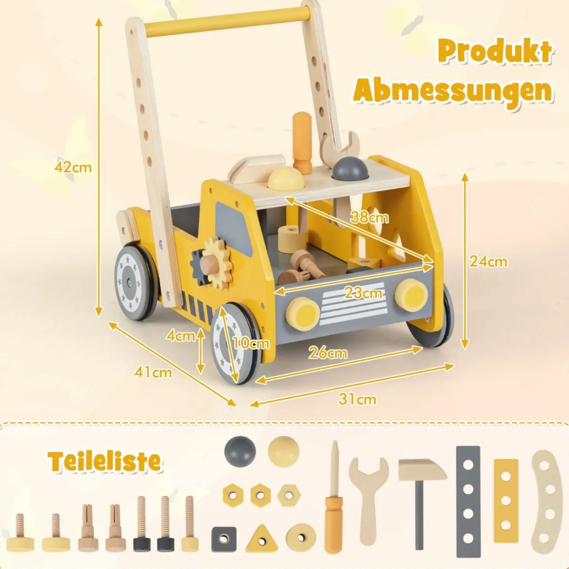2-in-1 Lauflernwagen Holz Lauflernhilfe mit Multi-Aktivitätszentrum Baby Walker Laufwagen