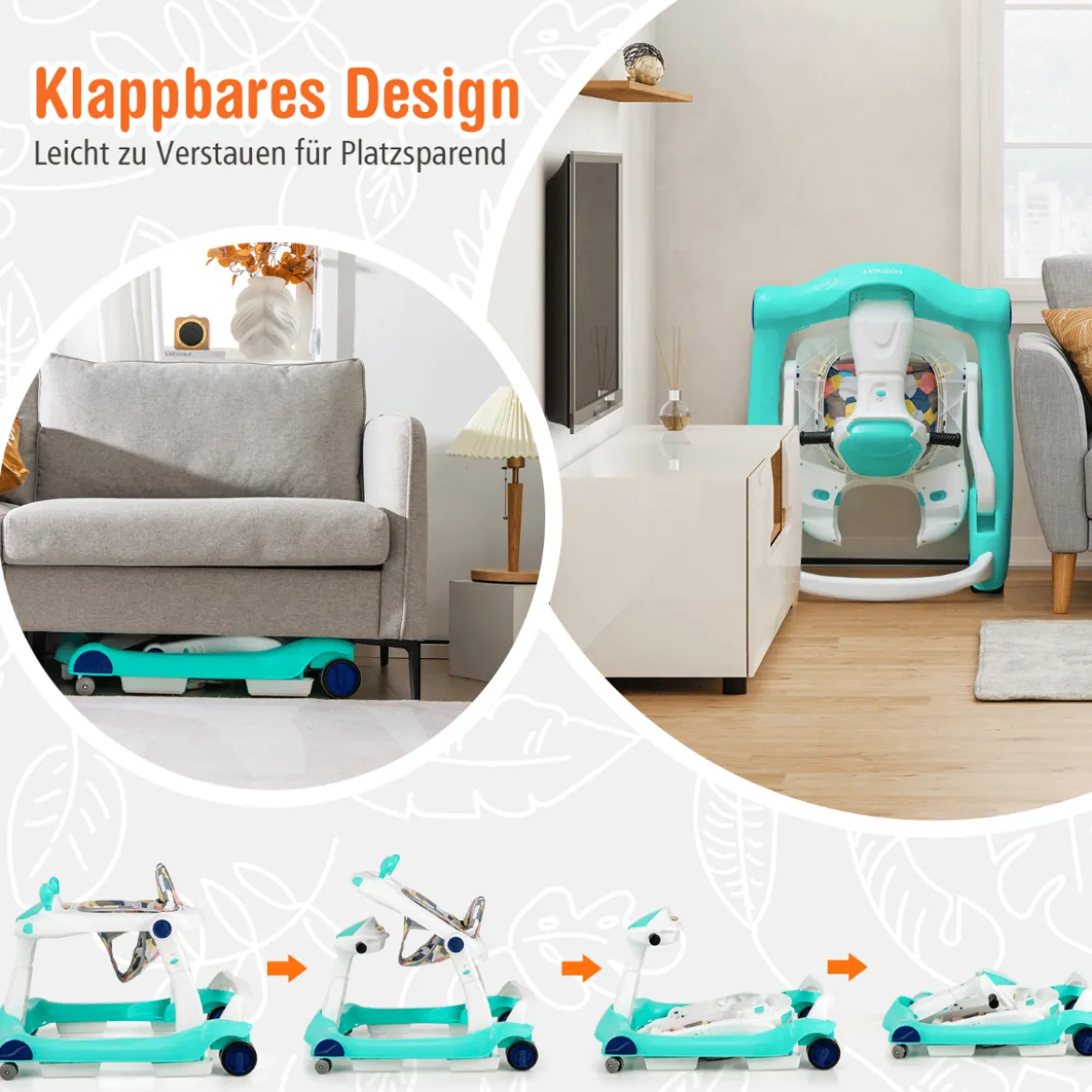 2 in 1 Lauflernwagen Klappbarer Lauflernwage Schwarz/Grün/Grau/Orange/Schwarz+ Weiß