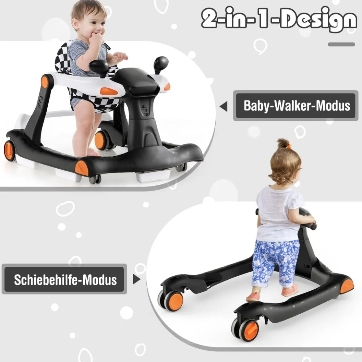 2 in 1 Lauflernwagen Klappbarer Lauflernwage Schwarz/Grün/Grau/Orange/Schwarz+ Weiß