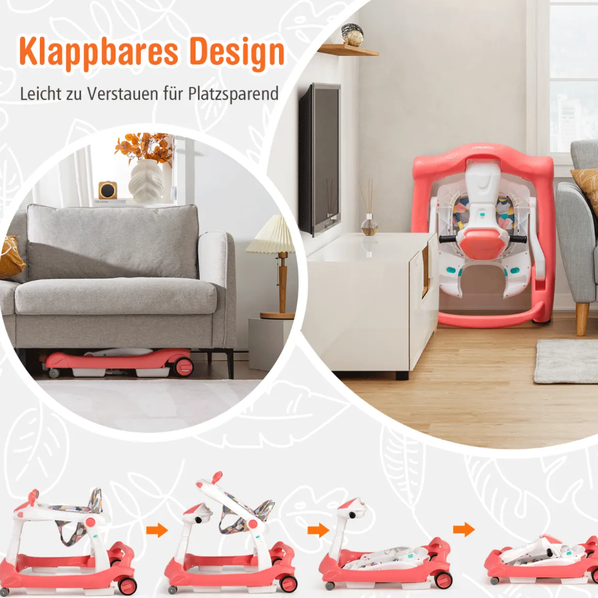 2 in 1 Lauflernwagen Klappbarer Lauflernwage Schwarz/Grün/Grau/Orange/Schwarz+ Weiß