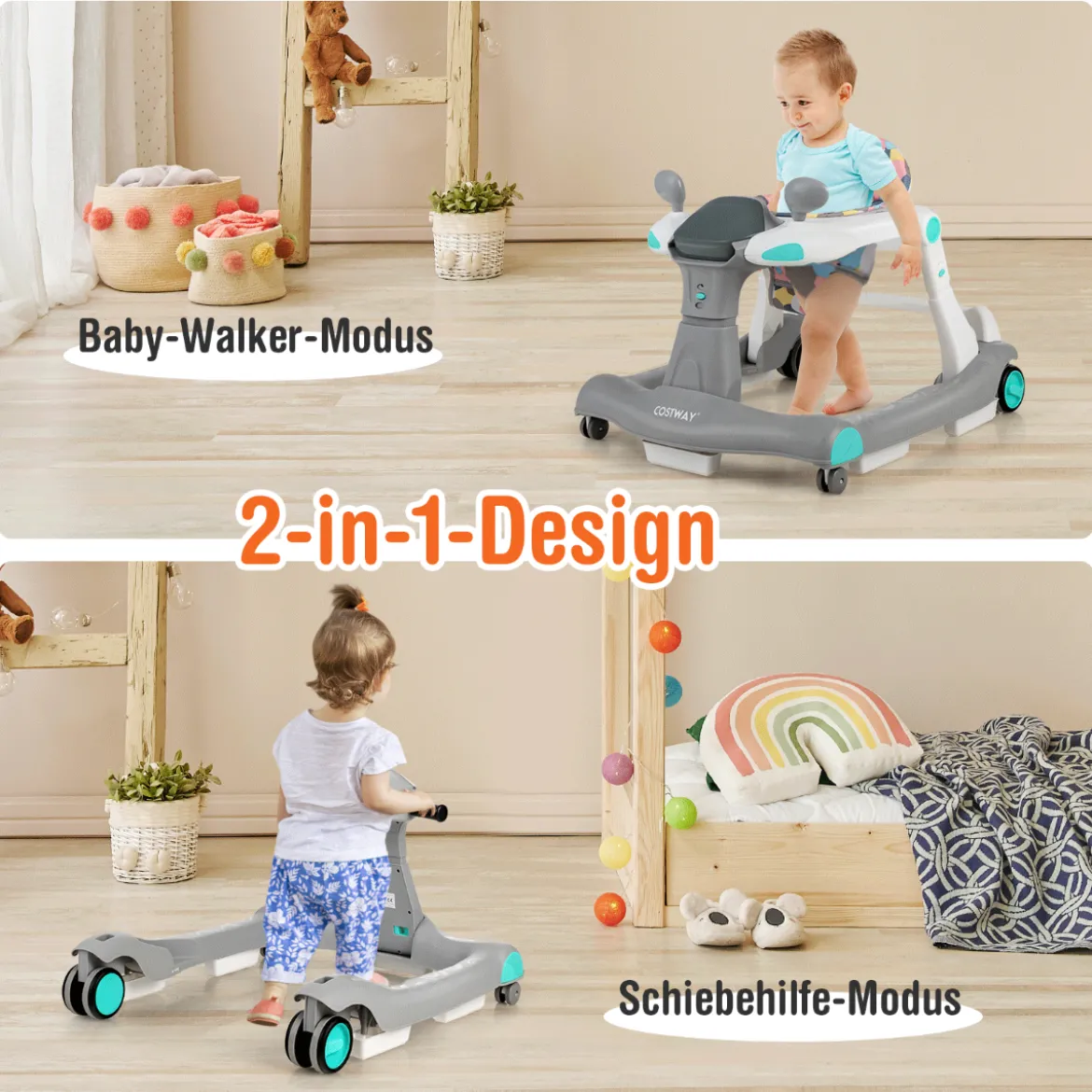 2 in 1 Lauflernwagen Klappbarer Lauflernwage Schwarz/Grün/Grau/Orange/Schwarz+ Weiß