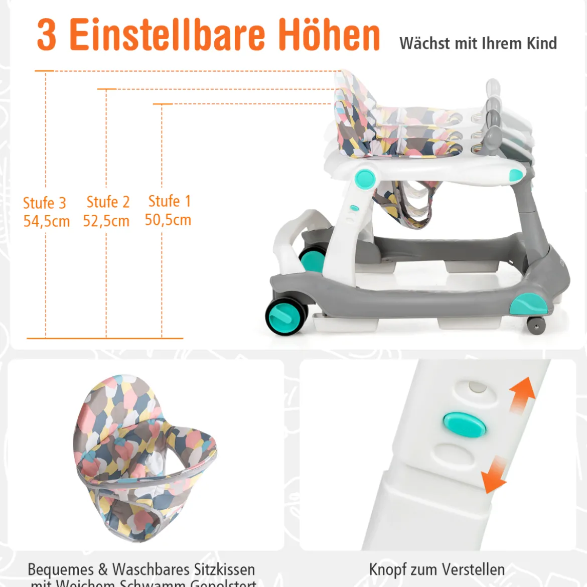 2 in 1 Lauflernwagen Klappbarer Lauflernwage Schwarz/Grün/Grau/Orange/Schwarz+ Weiß