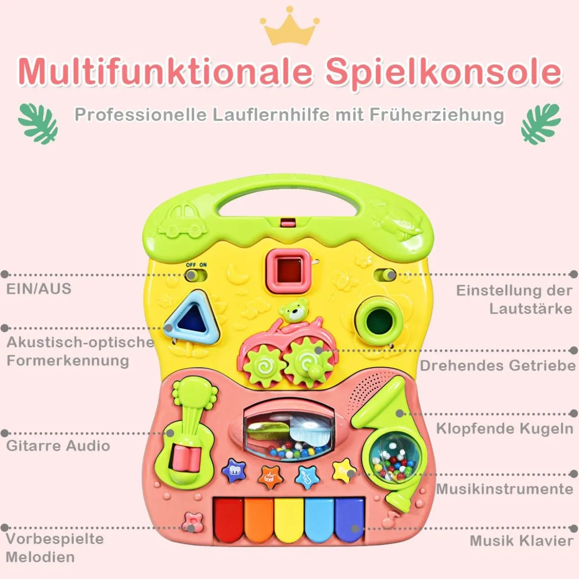 2 in 1 Lauflernwagen mit Lichtern und Musik Baby-Lauflernhilfe 35,5 x 43 x 46-53 cm Bunt