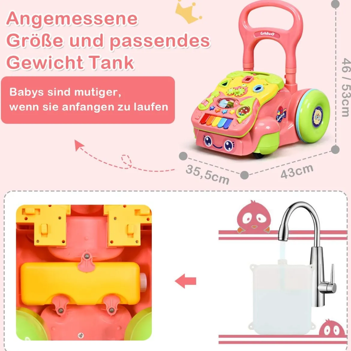 2 in 1 Lauflernwagen mit Lichtern und Musik Baby-Lauflernhilfe 35,5 x 43 x 46-53 cm Bunt