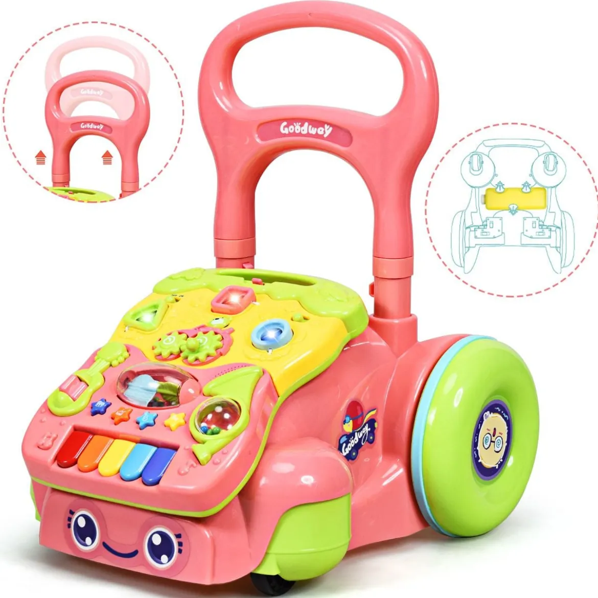 2 in 1 Lauflernwagen mit Lichtern und Musik Baby-Lauflernhilfe 35,5 x 43 x 46-53 cm Bunt