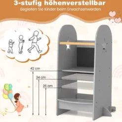 3 in 1 Lernturm Kinder Tritthocker mit 3 verstellbaren Höhen 90 kg Belastbar Grau