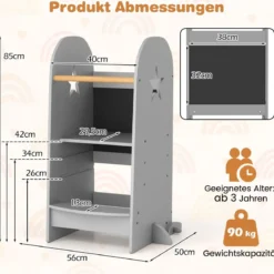3 in 1 Lernturm Kinder Tritthocker mit 3 verstellbaren Höhen 90 kg Belastbar Grau