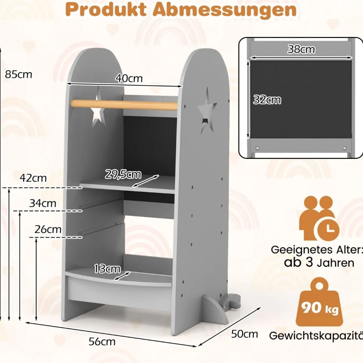 3 in 1 Lernturm Kinder Tritthocker mit 3 verstellbaren Höhen 90 kg Belastbar Grau