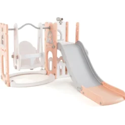 7 in 1 L-förmiges Kleinkind-Schaukel- und Rutschset freistehendes Kinderrutsch-Set mit Schaukel Rosa