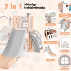 7 in 1 L-förmiges Kleinkind-Schaukel- und Rutschset freistehendes Kinderrutsch-Set mit Schaukel Rosa