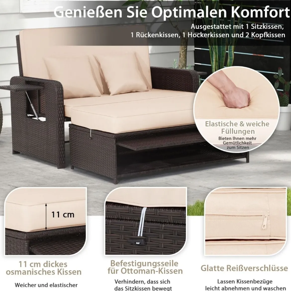 3 in 1 Lounge Möbel Rattan Gartenlounge Set mit Hocker Gartensofa mit Liegefunktion Weiß/Grau/Schwarz/Braun