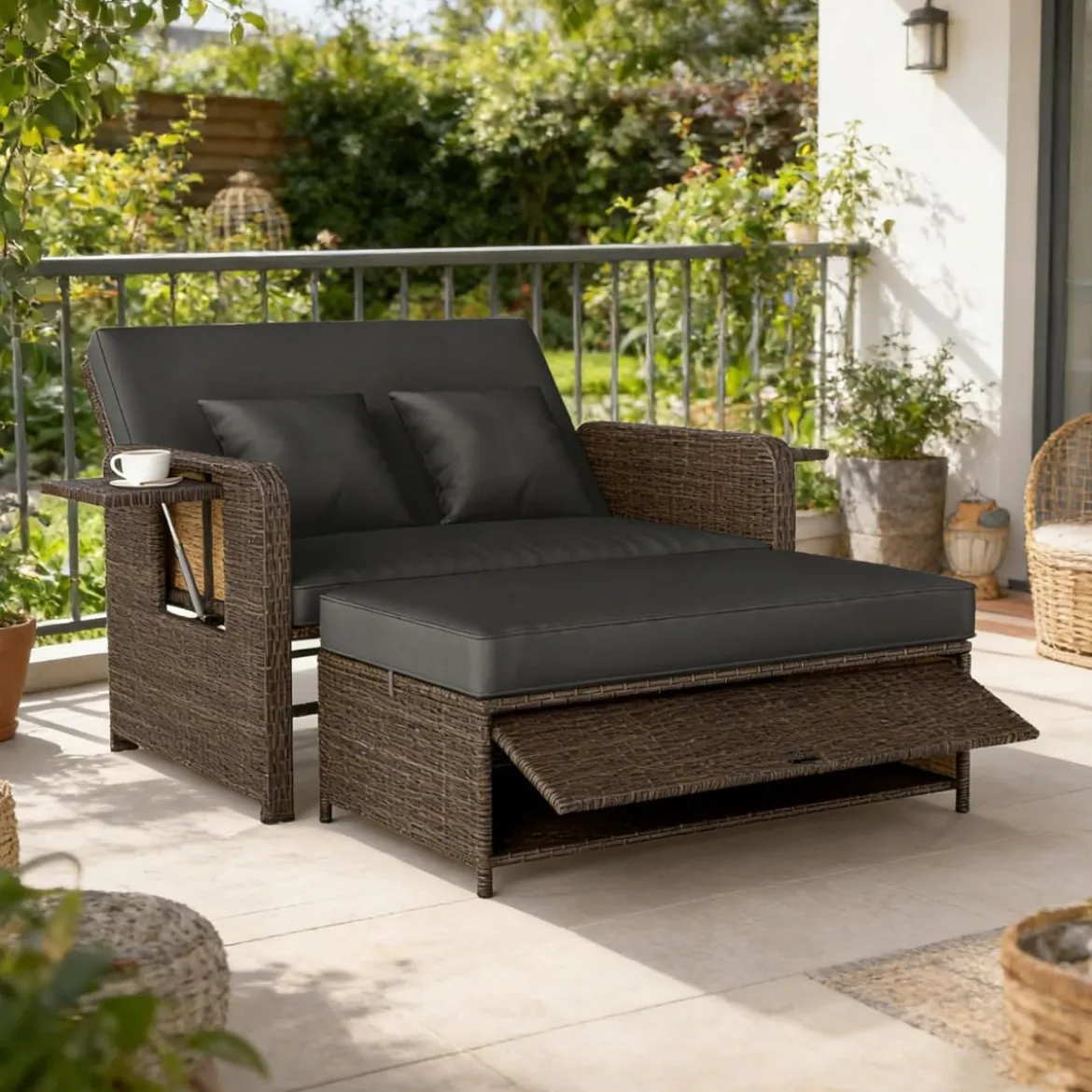 3 in 1 Lounge Möbel Rattan Gartenlounge Set mit Hocker Gartensofa mit Liegefunktion Weiß/Grau/Schwarz/Braun