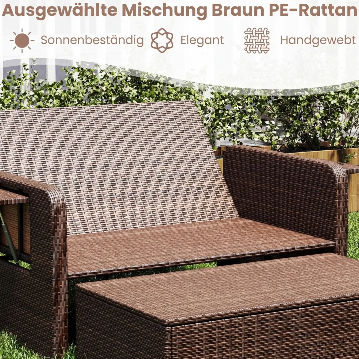 3 in 1 Lounge Möbel Rattan Gartenlounge Set mit Hocker Gartensofa mit Liegefunktion Weiß/Grau/Schwarz/Braun