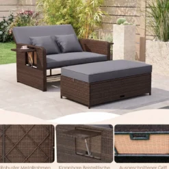 3 in 1 Lounge Möbel Rattan Gartenlounge Set mit Hocker Gartensofa mit Liegefunktion Weiß/Grau/Schwarz/Braun