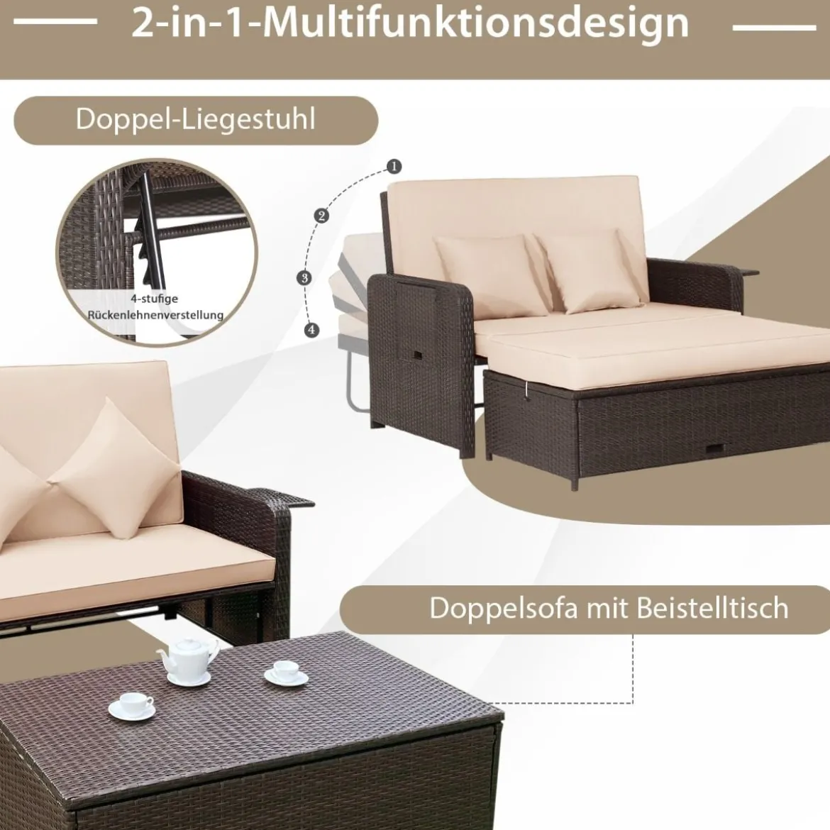 3 in 1 Lounge Möbel Rattan Gartenlounge Set mit Hocker Gartensofa mit Liegefunktion Weiß/Grau/Schwarz/Braun