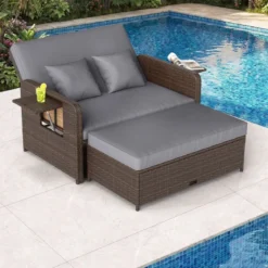 3 in 1 Lounge Möbel Rattan Gartenlounge Set mit Hocker Gartensofa mit Liegefunktion Weiß/Grau/Schwarz/Braun