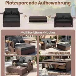 3 in 1 Lounge Möbel Rattan Gartenlounge Set mit Hocker Gartensofa mit Liegefunktion Weiß/Grau/Schwarz/Braun