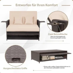 3 in 1 Lounge Möbel Rattan Gartenlounge Set mit Hocker Gartensofa mit Liegefunktion Weiß/Grau/Schwarz/Braun