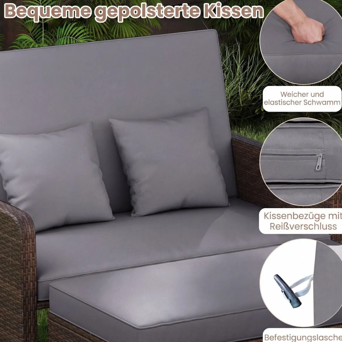 3 in 1 Lounge Möbel Rattan Gartenlounge Set mit Hocker Gartensofa mit Liegefunktion Weiß/Grau/Schwarz/Braun