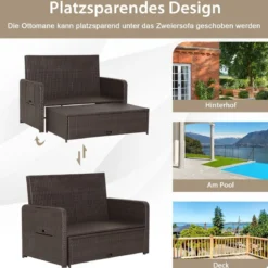 3 in 1 Lounge Möbel Rattan Gartenlounge Set mit Hocker Gartensofa mit Liegefunktion Weiß/Grau/Schwarz/Braun