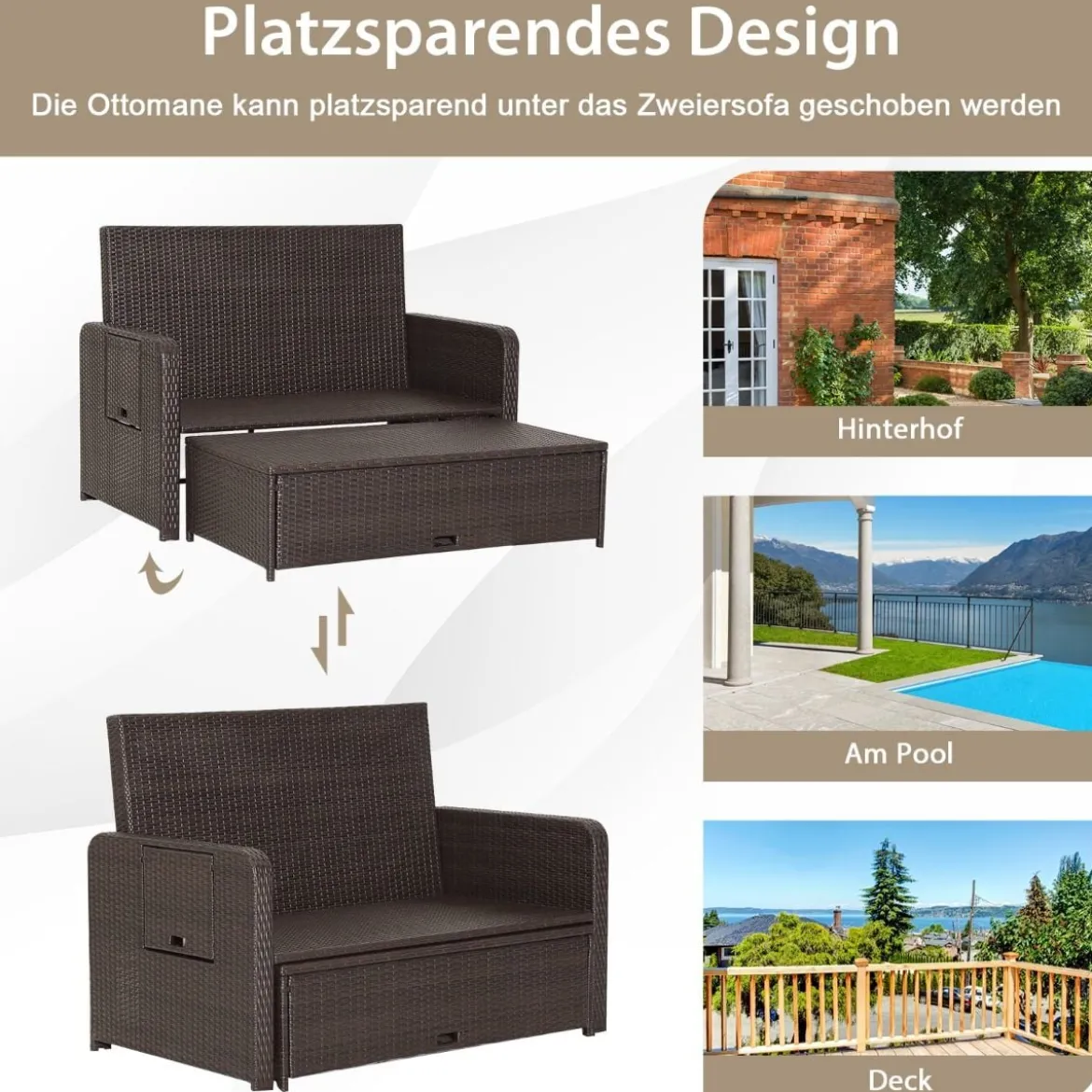 3 in 1 Lounge Möbel Rattan Gartenlounge Set mit Hocker Gartensofa mit Liegefunktion Weiß/Grau/Schwarz/Braun