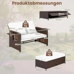 3 in 1 Lounge Möbel Rattan Gartenlounge Set mit Hocker Gartensofa mit Liegefunktion Weiß/Grau/Schwarz/Braun