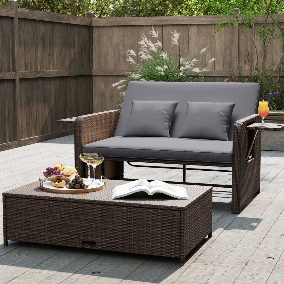 3 in 1 Lounge Möbel Rattan Gartenlounge Set mit Hocker Gartensofa mit Liegefunktion Weiß/Grau/Schwarz/Braun