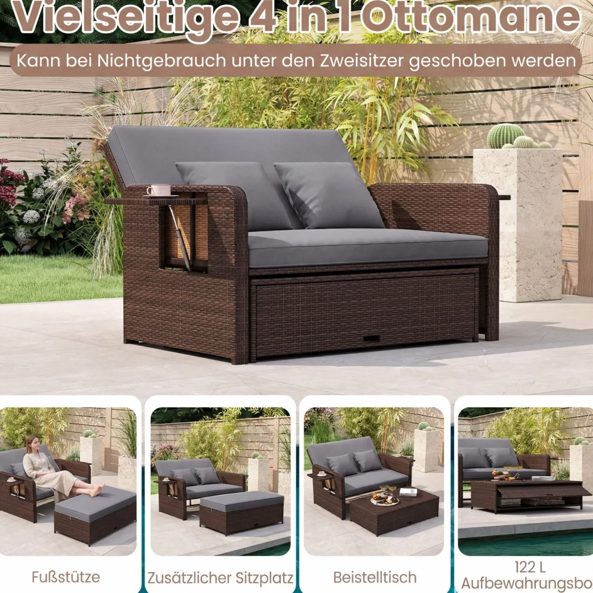 3 in 1 Lounge Möbel Rattan Gartenlounge Set mit Hocker Gartensofa mit Liegefunktion Weiß/Grau/Schwarz/Braun