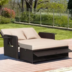 3 in 1 Lounge Möbel Rattan Gartenlounge Set mit Hocker Gartensofa mit Liegefunktion Weiß/Grau/Schwarz/Braun